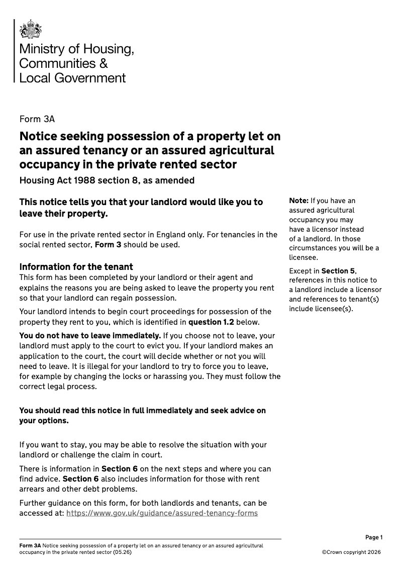 LT46 Notice seeking possession of a property let on an assured tenancy or an assured agricultural occupancy in the private rented sector Housing Act 1988 section 8 as amended [Form 3A] electronic signature available preview